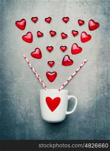 Love and Valentines day greeting card with mug and red hearts