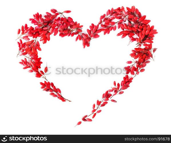 Love Autumn: Red Berry of Barberry Lined in the Shape of Heart at the White Background