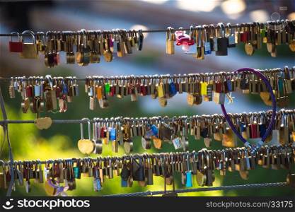 Love chains on Ljubljanica river bridge, Ljubljana, capital od Slovenia