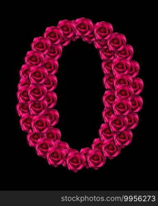 love concept image of number 0 made of pink roses isolated on black background. Design element for love concepts designs