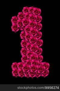 love concept image of number 1 made of pink roses isolated on black background. Design element for love concepts designs