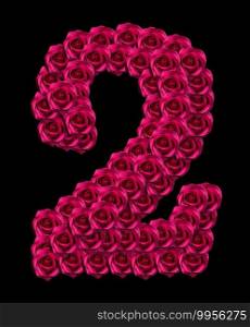 love concept image of number 2 made of pink roses isolated on black background. Design element for love concepts designs