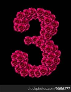 love concept image of number 3 made of pink roses isolated on black background. Design element for love concepts designs