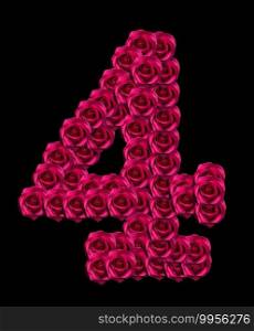 love concept image of number 4 made of pink roses isolated on black background. Design element for love themes