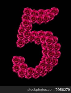 love concept image of number 5 made of pink roses isolated on black background. Design element for love themes
