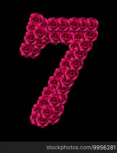 love concept image of number 7 made of pink roses isolated on black background. Design element for love themes