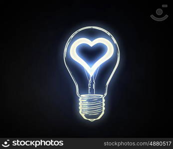 Love concept. Lightbulb with glowing heart inside onn dark background