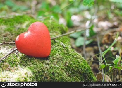 Love concept. Red decorative heart in the forest.. Red decorative heart in the forest. Love concept