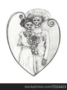 Love Couple Skulls Day of the dead.Hand drawing on paper.