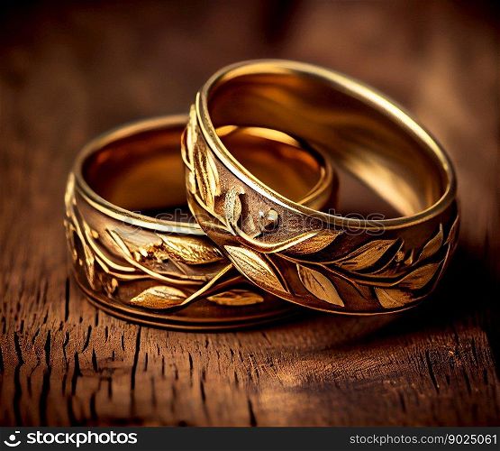 Love forever marriage rings, Two golden ring on wooden table