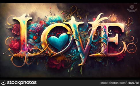 LOVE graffiti style with flowers and hearts, valentine concept. Generative AI. High quality illustration. LOVE graffiti style with flowers and hearts, valentine concept. Generative AI