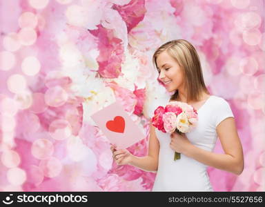 love, holidays and happiness concept - smiling girl with postcard and bouquet of lowers