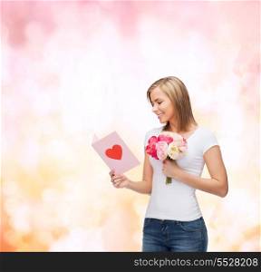 love, holidays and happiness concept - smiling girl with postcard and bouquet of lowers