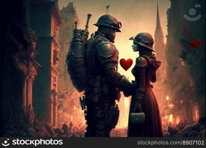 Love in the war. City destroyed by war or by a great disaster. Hope in the chaos. Generative Ai