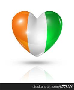 Love Ivory Coast symbol. 3D heart flag icon isolated on white with clipping path. Love Ivory Coast, heart flag icon