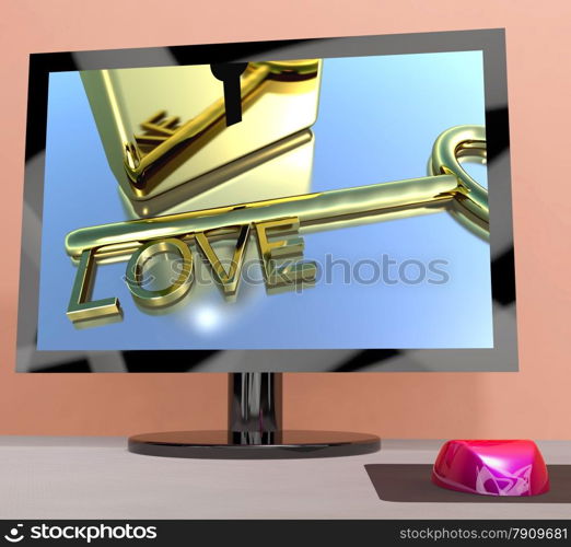 Love Key On Computer Screen Showing Online Dating. Love Key On Computer Screen Shows Online Dating