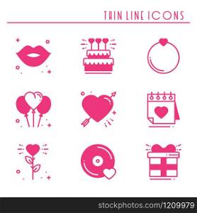 Love line icons set. Happy Valentine day pink silhouette signs and symbols. Love, couple, relationship, dating, wedding, holiday, romantic amour theme. Heart lips gift. Love line icons set. Happy Valentine day pink silhouette signs and symbols. Love, couple, relationship, dating, wedding, holiday, romantic amour theme. Heart, lips, gift.
