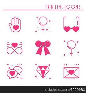 Love line icons set. Happy Valentine day pink silhouette signs and symbols. Love, couple, relationship, dating, wedding, holiday, romantic amour theme. Heart gift. Love line icons set. Happy Valentine day pink silhouette signs and symbols. Love, couple, relationship, dating, wedding, holiday, romantic amour theme. Heart, gift.