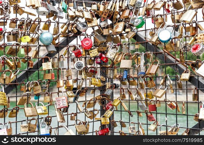 Love locks in Paris. Seine bridge. Valentines Day concept