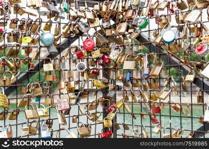 Love locks in Paris. Seine bridge. Valentines Day concept