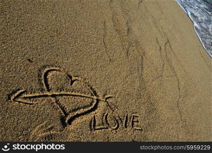 love message, an heart draw in the sand