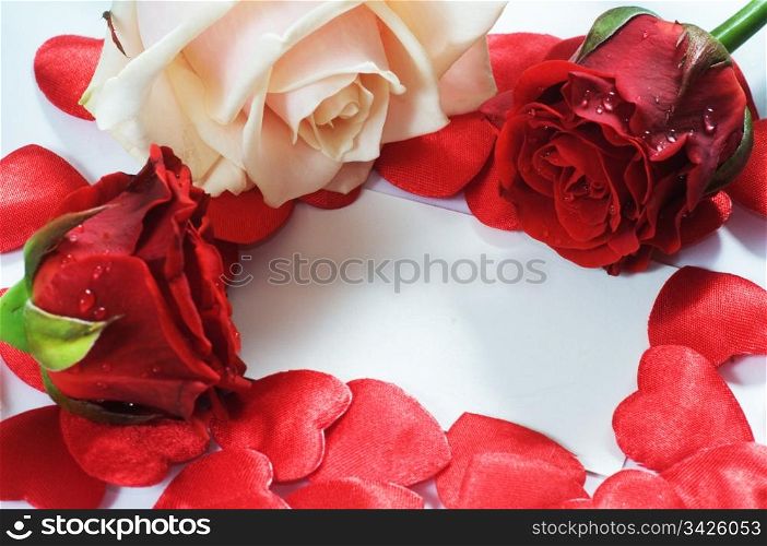 Love message, roses and hearts confetti. Composition for themes like love, valentine&rsquo;s day, holidays.