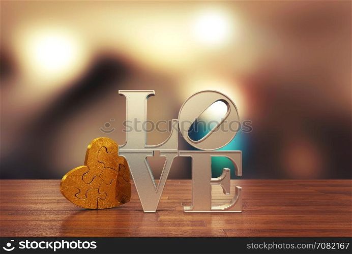 Love message with heart jigsaw and blur background for Valentine's day, 3D rendering