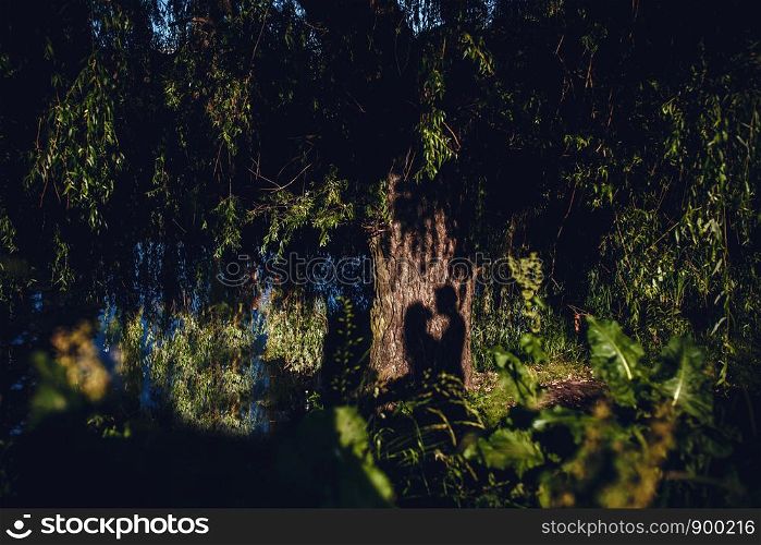 Love of man and woman depicted in couple silhouettes holding hands and looking on each other. Young lovers postures on tree. Love of man and woman depicted in couple silhouettes holding hands and looking on each other.
