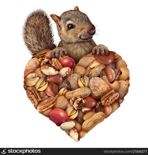 Love of nuts concept as a squirrel holding a group of peanuts and assorted nuts shaped as a heart symbol with a cute wild rodent representing saving investment and wealth or a natural healthy food symbol promoting health snacks.