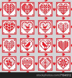 Love ornament seamless background in ethnic style in ethnic style with hearts, birds and flowers. Traditional folklore characters. Cross-stitch. illustration. Love ornament seamless background in ethnic style