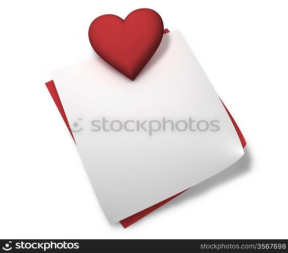 Love, passion and Valentine day concept. Heart shape and a blank white post-it with empty copy space for messages, notes and text on white background.