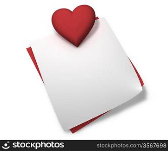 Love, passion and Valentine day concept. Heart shape and a blank white post-it with empty copy space for messages, notes and text on white background.
