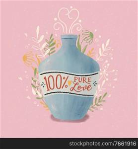 Love potion bottle with hand lettering. Colorful hand drawn illustration for Happy Valentine’s day. Greeting card with foliage and decorative elements. 