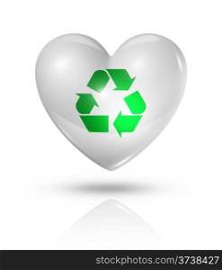 Love recycling, environment symbol. 3D heart icon isolated on white with clipping path
