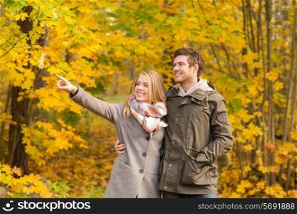 love, relationship, family and people concept - smiling couple hugging and pointing finger in autumn park
