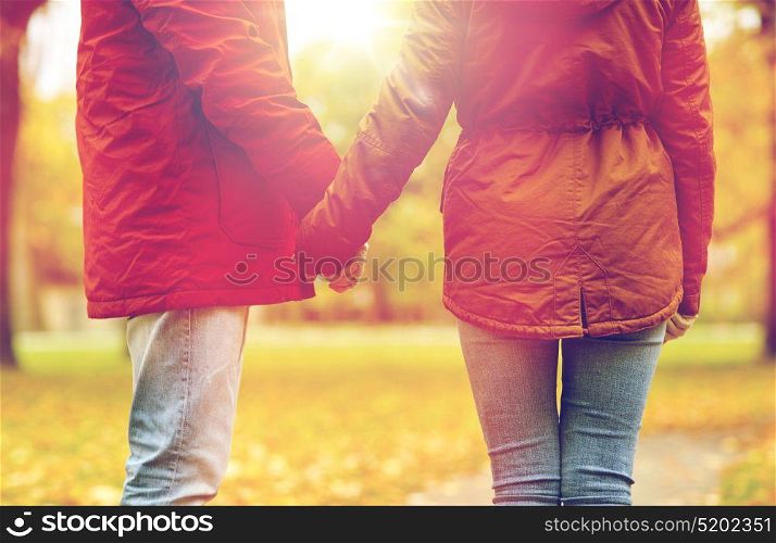 love, relationships, season and people concept - close up of happy young couple holding hands in autumn park. close up of couple holding hands in autumn park
