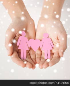 love, romance, human rights, lesbian, family concept - woman hands showing two paper women with heart shape