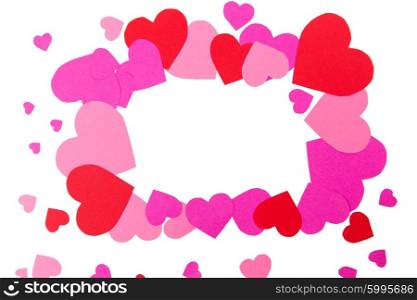love, romance, valentines day and holidays concept - close up of red and pink heart shapes in frame