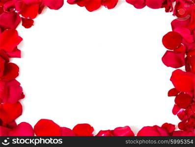 love, romance, valentines day and holidays concept - close up of red rose petals blank frame