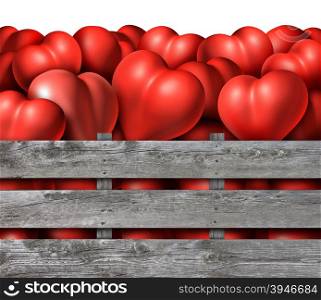 Love season symbol as a group of red dimensional hearts in a rustic wood crate as a symbol for saint valentine day holyday,or romantic relationship concept for datinf engagement or marriage.