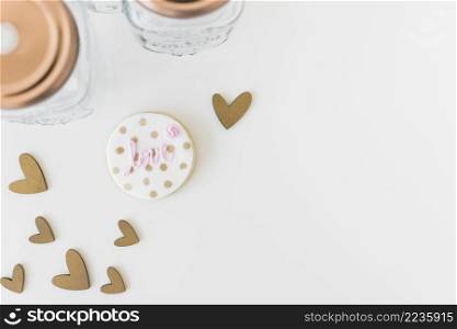 love text homemade cookie with heart shape isolated white backdrop