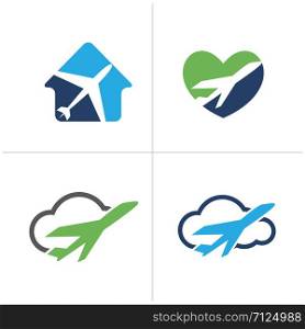love travel logo design. Airplane in heart and home. Travel agency and tourism logo.