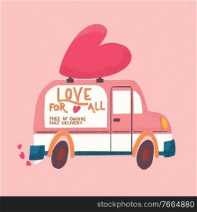 Love truck vehicle with a heart and love message. Colorful hand drawn illustration with handlettering for Happy Valentine’s day. Greeting card.