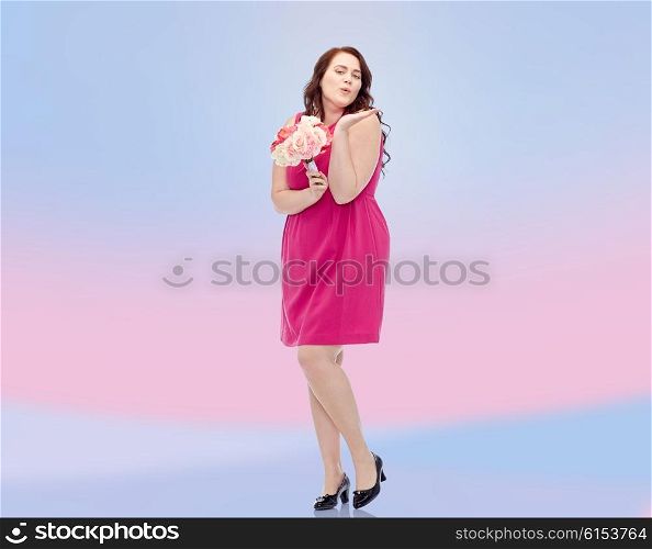 love, valentines day, holidays and people concept - smiling happy young plus size woman with flower bunch posing in pink dress over rose quartz and serenity gradient background