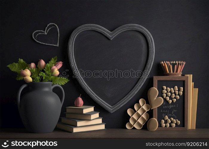 Love Valentines heart wooden frame black, AI Generative