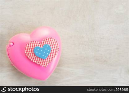 Love, wedding and valentine background concept. Pink and blue heart put on white wood table. Picture for add text message. Backdrop for design art work.