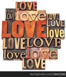 love word abstract - an isolated collage of text in vintage letterpress wood type printing blocks, a variety of fonts stained by color inks