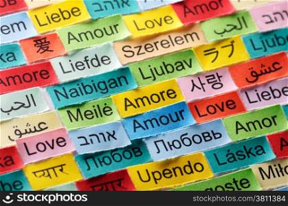 LOVE Word Cloud printed on colorful paper different languages