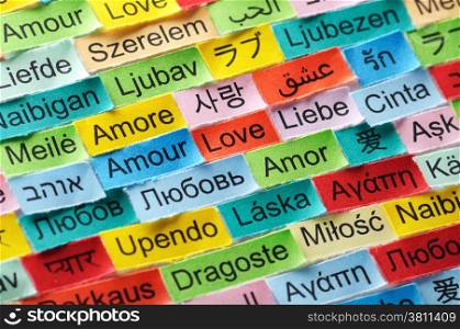 LOVE Word Cloud printed on colorful paper different languages