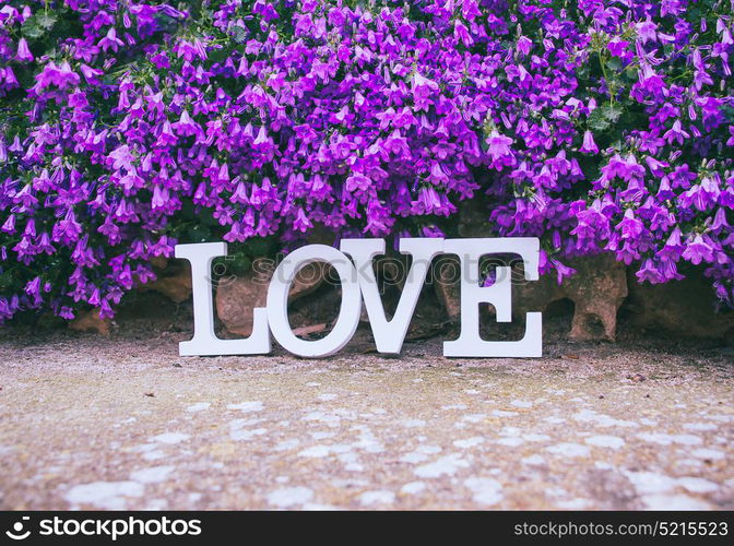 Love word in a purple floral garden